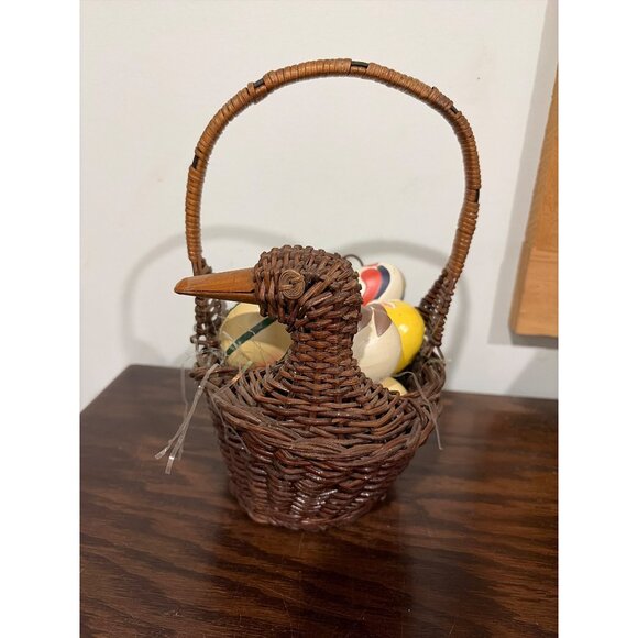 Vintage Wicker Basket With Hand-Painted Ceramic Eggs & Goose/Duck Head Design - Picture 8 of 9